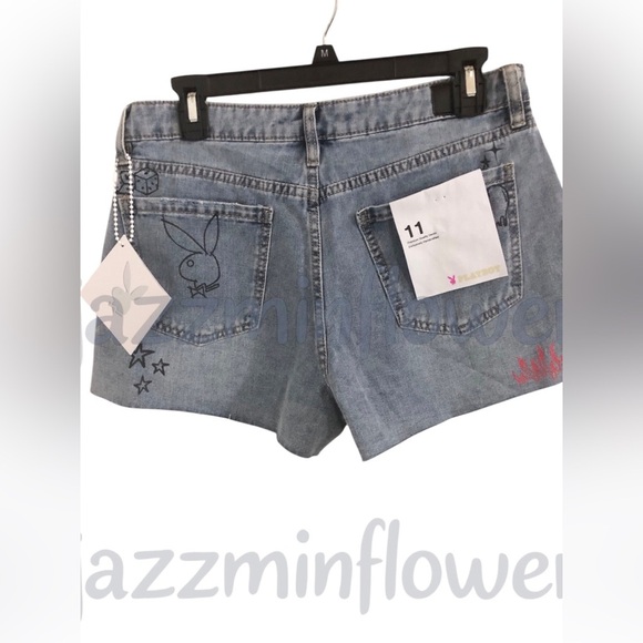 Playboy blue jeans shredded distressed hem bunny logo denim shorts size 11 new‎ - Picture 16 of 16